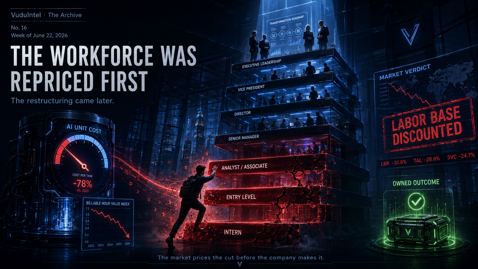 The workforce was repriced first, the restructuring came later. On the left the AI unit cost gauge reads minus seventy-eight percent cost per task versus 2023 and a billable-hour value index falls through 2026; at the center the corporate pyramid, executive leadership and vice president tiers lit blue and intact above, while senior manager, analyst, entry level and intern tiers glow red and crack apart; on the right a market verdict stamps the labor base discounted, with the services tier down roughly thirty percent, above a single green owned outcome that holds its value. The market prices the cut before the company makes it.