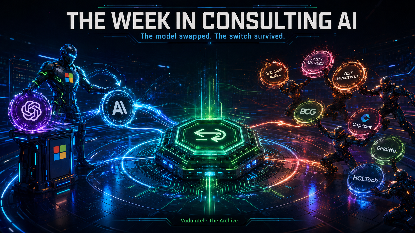 The Week in Consulting AI: the model swapped, the switch survived. On the left Microsoft routes Office prompts from OpenAI to its own models while the work carries on; at the center a glowing switch, the routing and policy layer, holds steady; on the right the consulting field rents every layer above the model, operating model, trust and assurance, cost management, delivered by BCG, Cognizant, Deloitte and HCLTech.