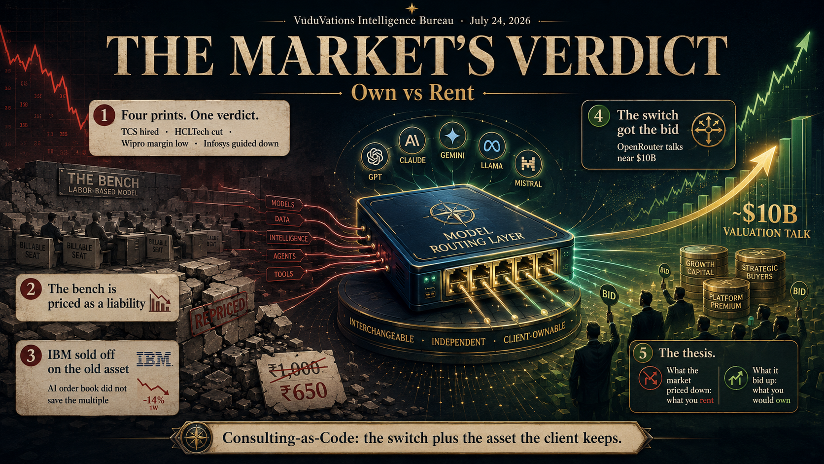 The market's verdict, own versus rent: on the left the labor-based bench is repriced as a liability (TCS hired, HCLTech cut, Wipro's margin low, Infosys guided down, IBM sold off on the old asset); at the center a client-ownable model routing layer sits between interchangeable models; on the right the switch got the bid, with OpenRouter talks near ten billion dollars. Consulting-as-Code is the switch plus the asset the client keeps.