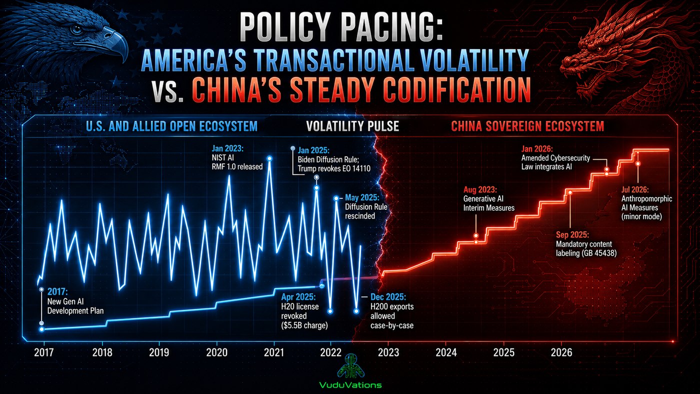 Policy pacing: US transactional volatility versus China steady codification