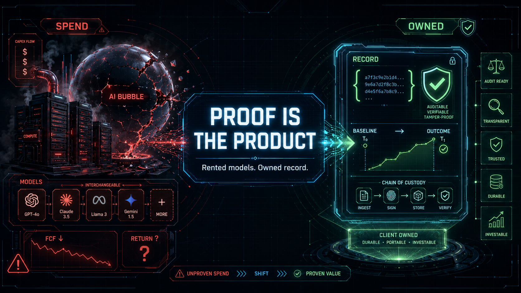 Proof is the product: on the left, unproven AI spend (capex flow, compute, a cracking AI bubble, interchangeable rented models, falling free cash flow, an unknown return); on the right, proven value (a client-owned, auditable, tamper-proof record with a hash chain, a baseline-to-outcome curve, and a chain of custody from ingest to verify).